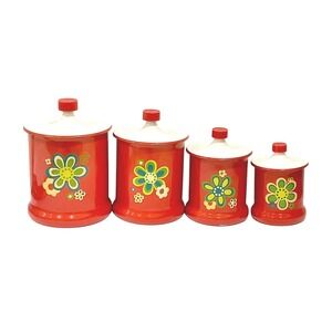 Vintage Kromex Aluminum Canister set Retro Orange 70s flower power MCM daisy lid
